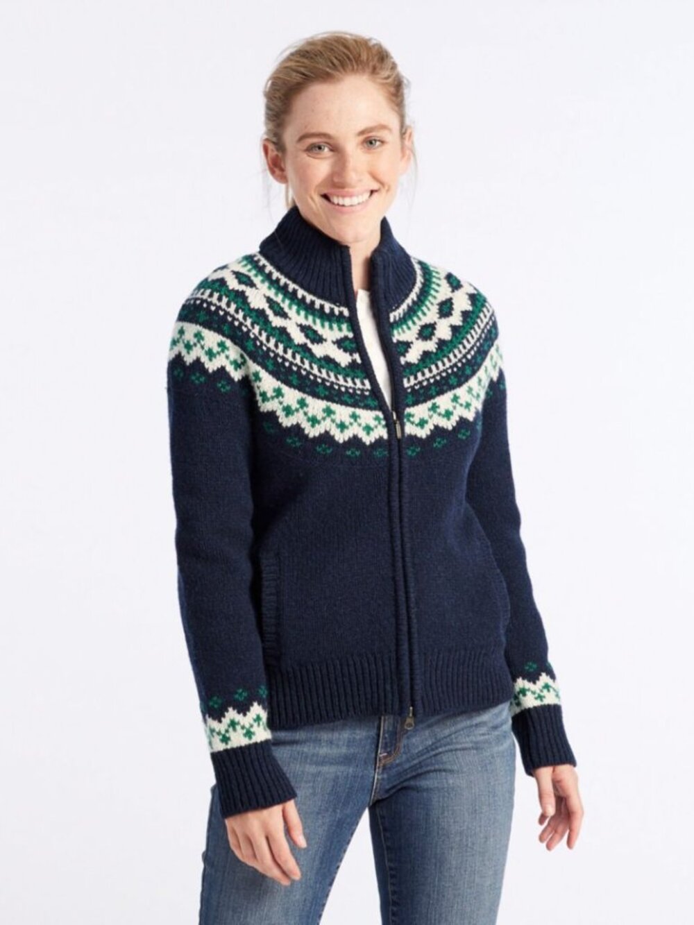 LL Bean Women's Size Small Ragg Wool Sweater Zip Up Cardigan Fair Isle Print